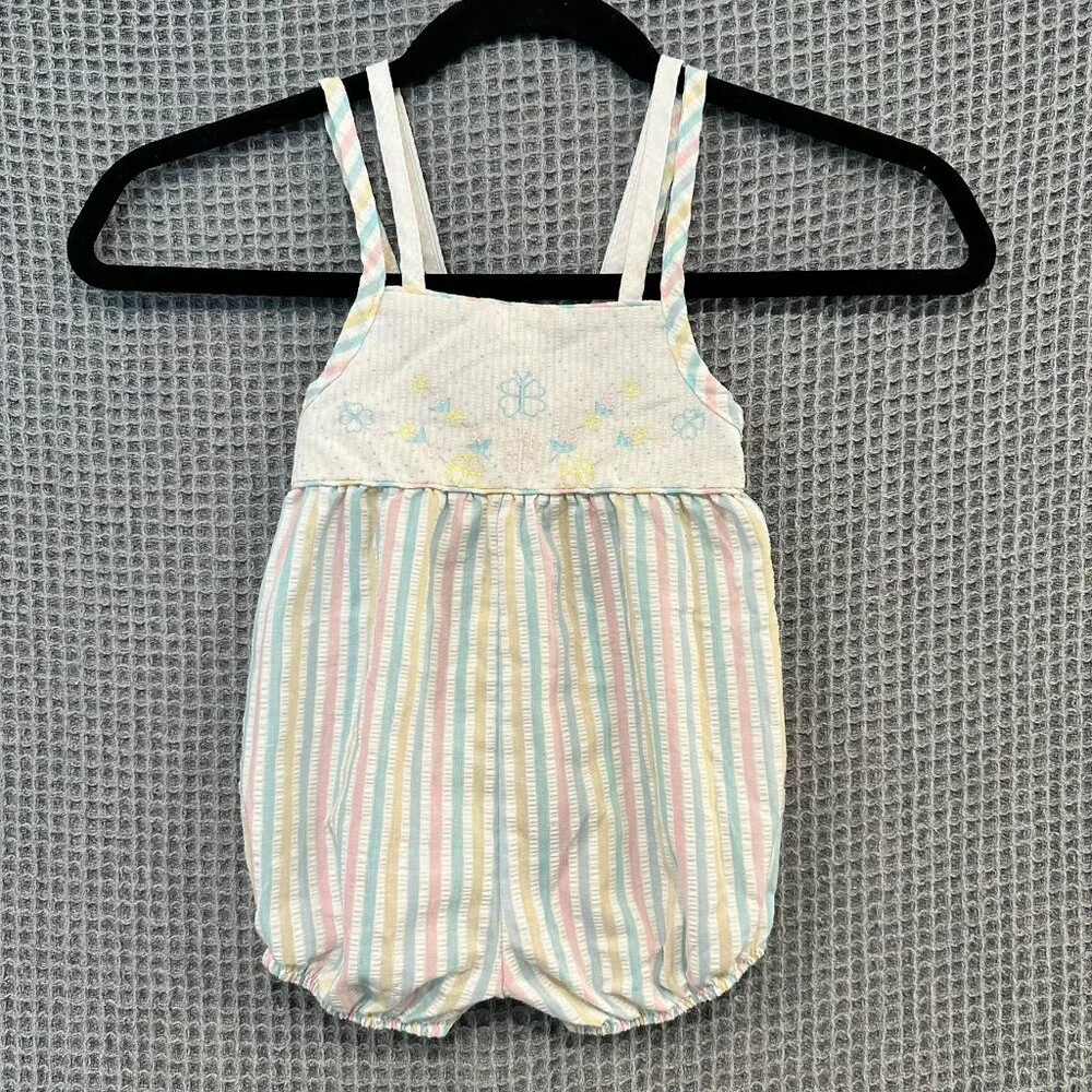 VINTAGE Buster Brown Pastel Striped Seersucker Bubble Romper 24M